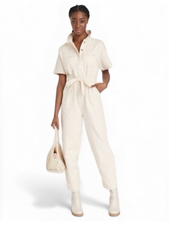 NWT Universal Thread Linen Jumpsuit Wide Leg Cargo Pockets Belted Cream White 0 - Picture 2 of 9